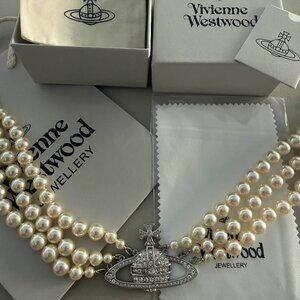 Brand New Vivienne Westwood Three Row Pearl Bas Relief Choker Pearl Necklace